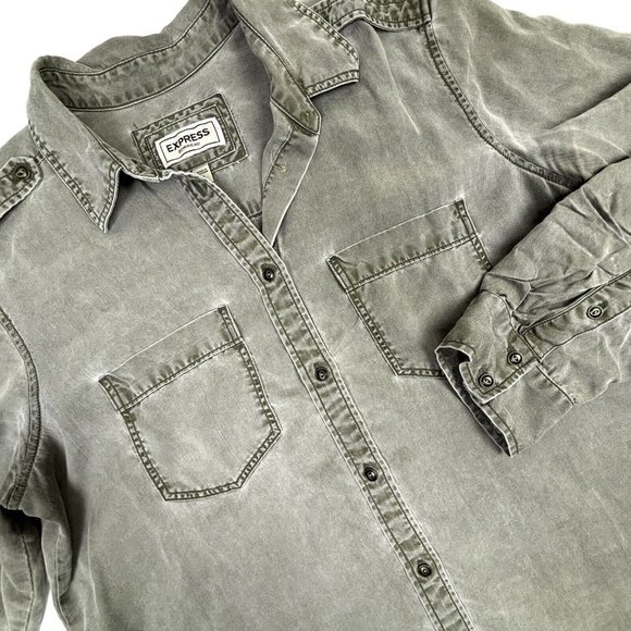 Express Chambray‎ Shirt Grey Button-Up Adjustable Long Sleeve Women’s Small EUC - Picture 1 of 10